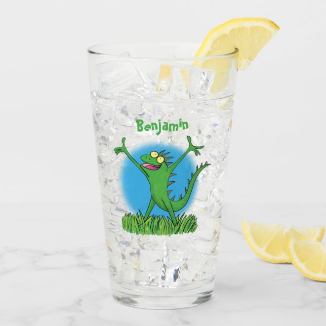 Funny green smiling animated iguana lizard glass (Back Ice)