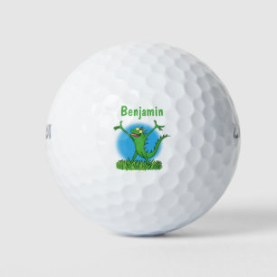 Funny green smiling animated iguana lizard golf balls