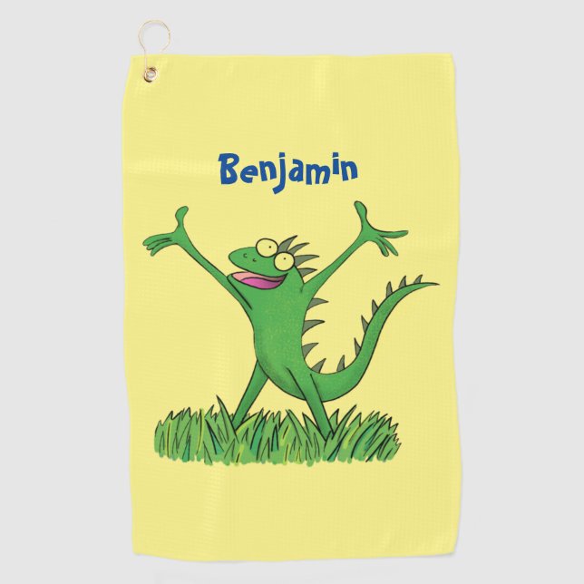 Funny green smiling animated iguana lizard golf towel (Front)