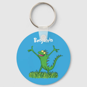 Funny green smiling animated iguana lizard key ring