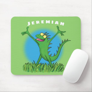Funny green smiling animated iguana lizard mouse pad