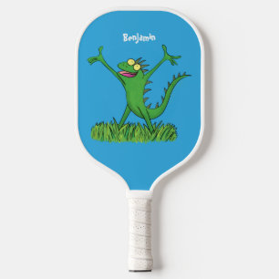Funny green smiling animated iguana lizard pickleball paddle