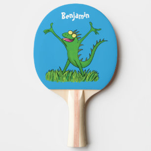 Funny green smiling animated iguana lizard ping pong paddle