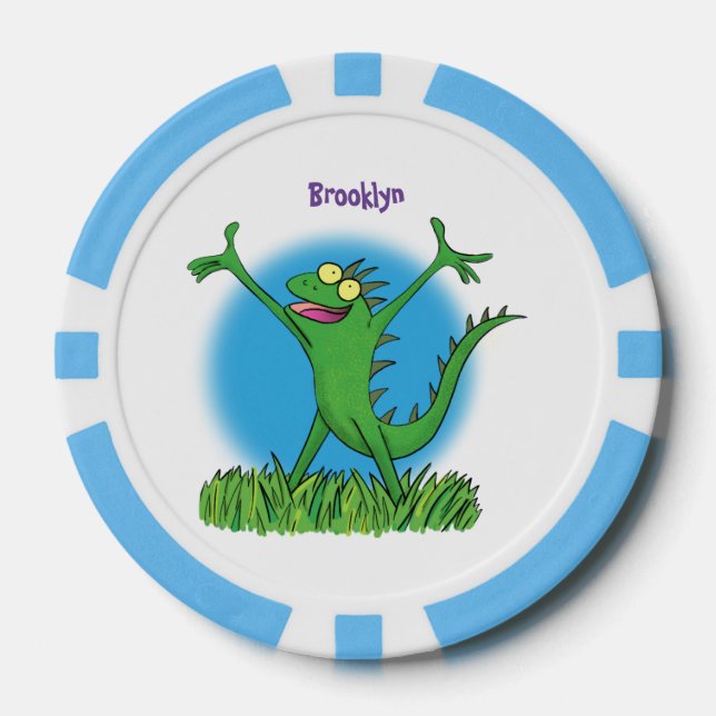 Funny green smiling animated iguana lizard poker chips (Front)