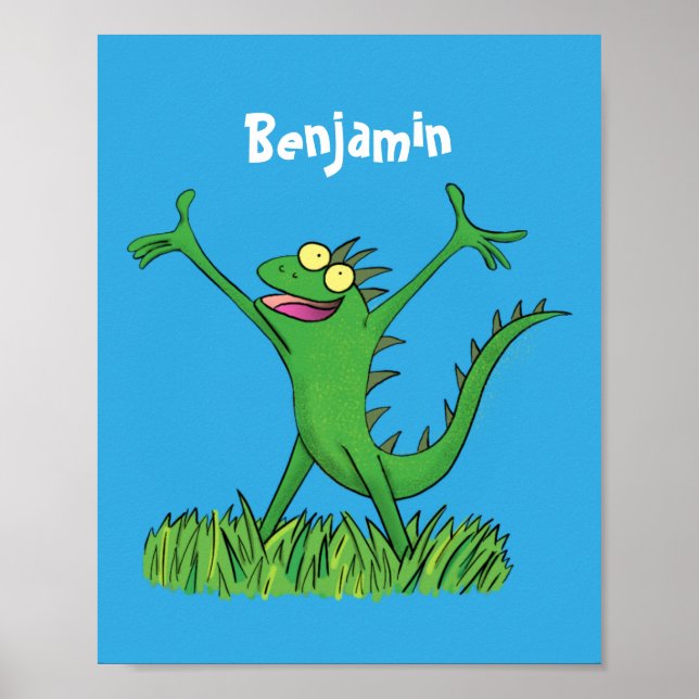 Funny green smiling animated iguana lizard poster (Front)