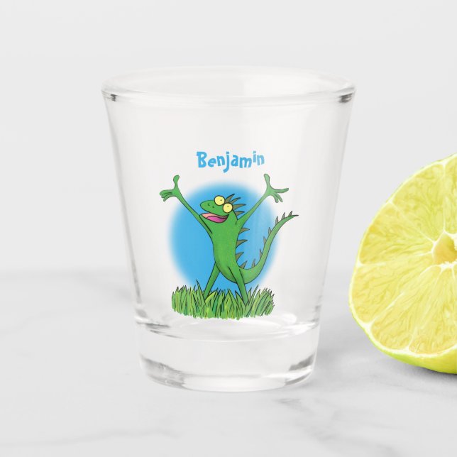 Funny green smiling animated iguana lizard  shot glass (Front)