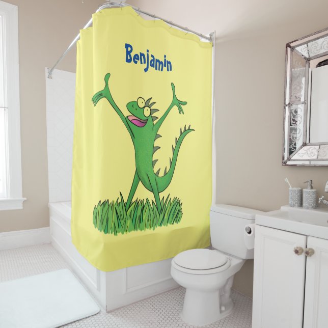 Funny green smiling animated iguana lizard  shower curtain (In Situ)