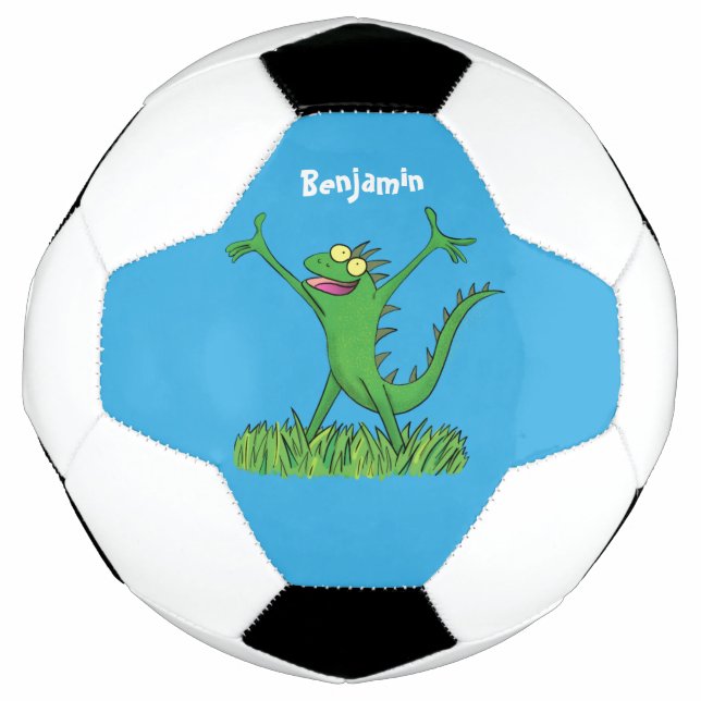 Funny green smiling animated iguana lizard soccer ball (Front)