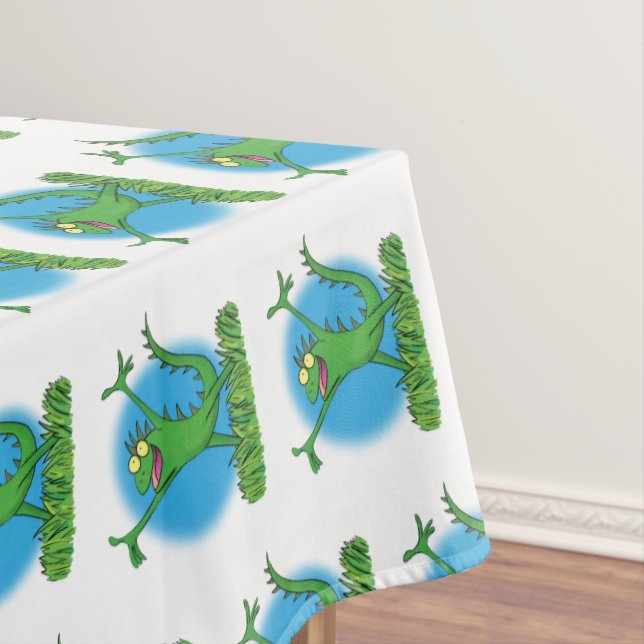 Funny green smiling animated iguana lizard tablecloth (In Situ)