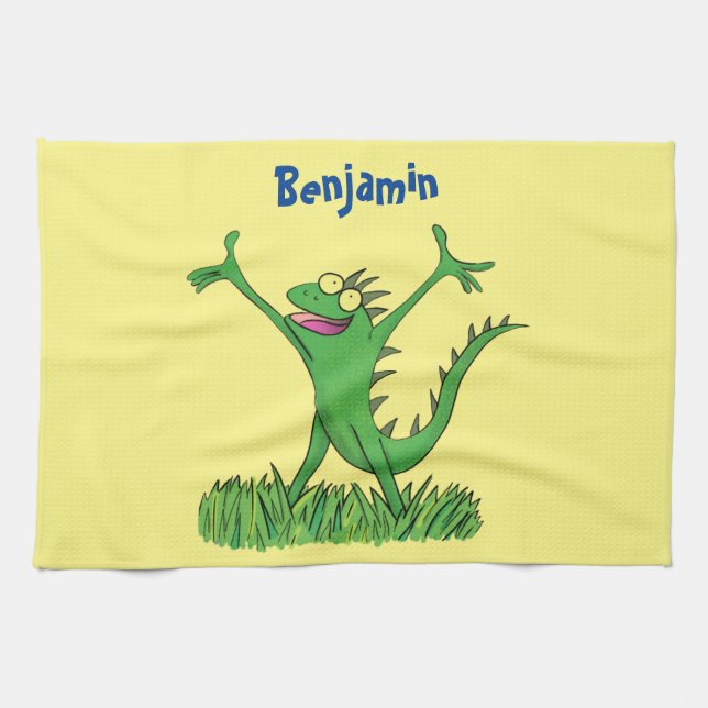 Funny green smiling animated iguana lizard  tea towel (Horizontal)