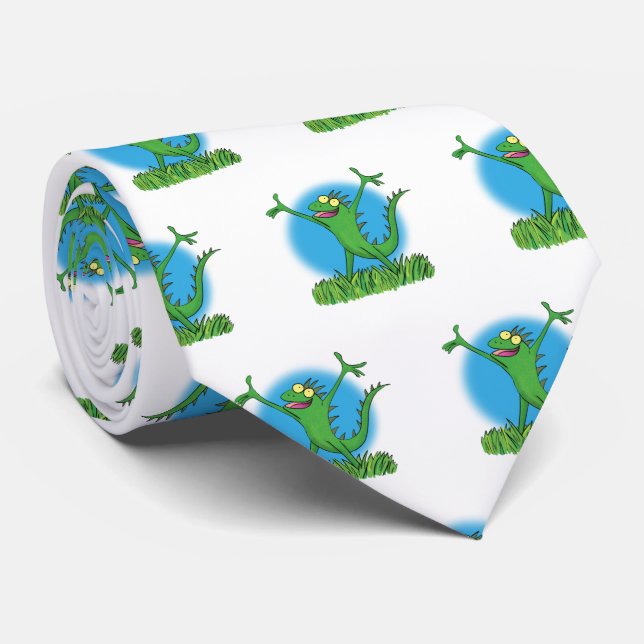 Funny green smiling animated iguana lizard tie (Rolled)