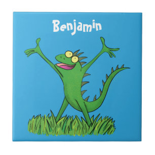 Funny green smiling animated iguana lizard tile