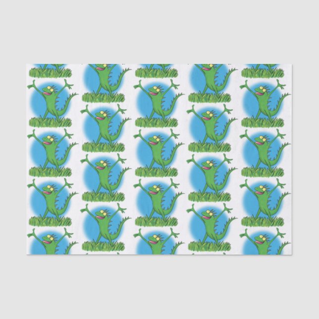 Funny green smiling animated iguana lizard tissue paper (Front)