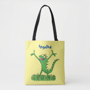 Funny green smiling animated iguana lizard tote bag