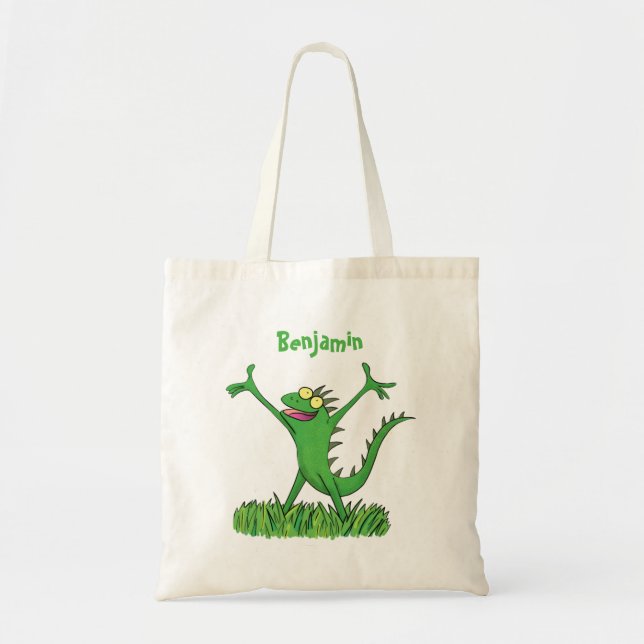Funny green smiling animated iguana lizard  tote bag (Front)