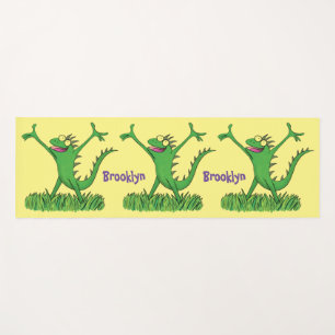 Funny green smiling animated iguana lizard yoga mat