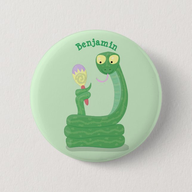 Funny green snake with maraca cartoon 6 cm round badge (Front)