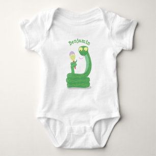 Funny green snake with maraca cartoon baby bodysuit