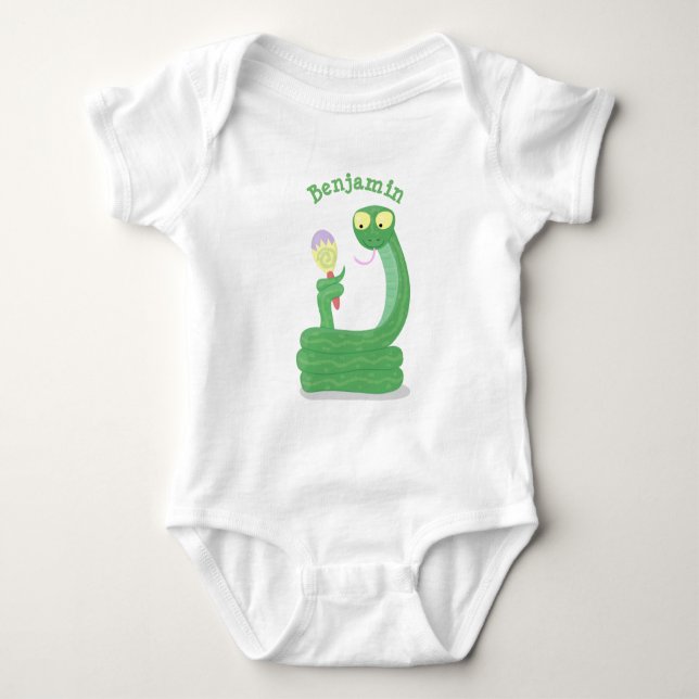 Funny green snake with maraca cartoon baby bodysuit (Front)