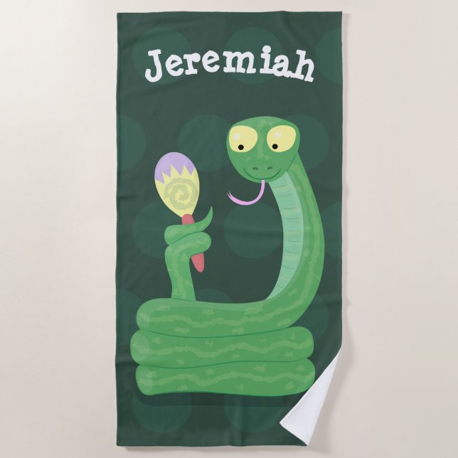 Funny green snake with maraca cartoon beach towel (Front)