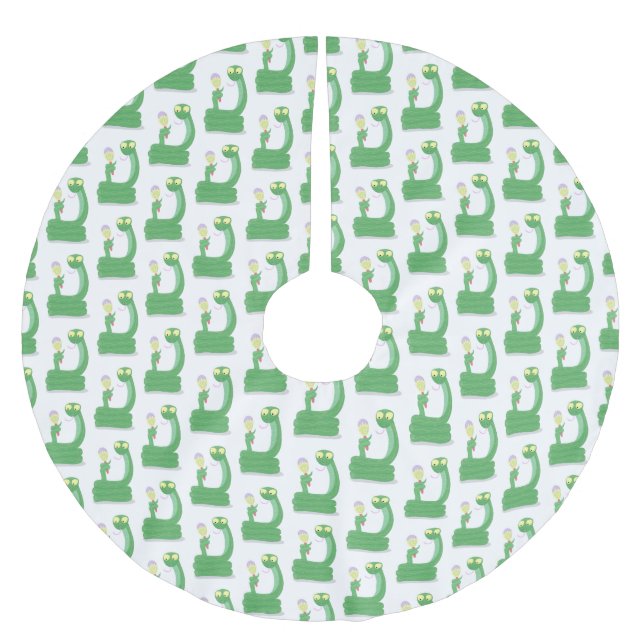 Funny green snake with maraca cartoon brushed polyester tree skirt (Front)