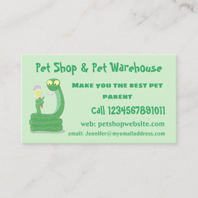 Funny green snake with maraca cartoon business card (Front)