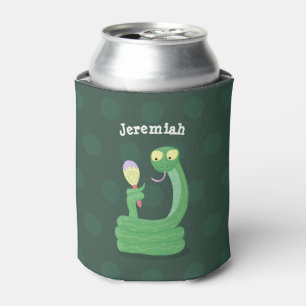 Funny green snake with maraca cartoon can cooler