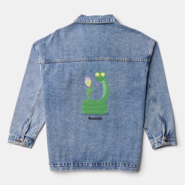 Funny green snake with maraca cartoon denim jacket (Back)