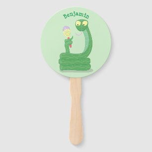 Funny green snake with maraca cartoon hand fan