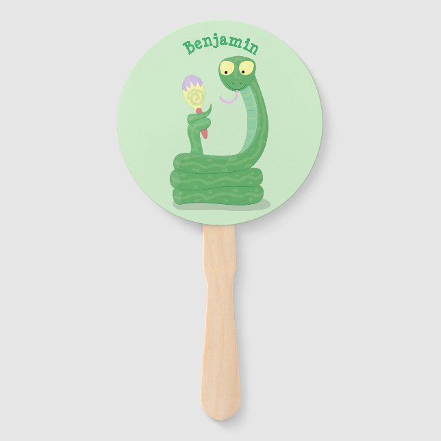 Funny green snake with maraca cartoon hand fan (Front)