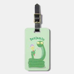 Funny green snake with maraca cartoon luggage tag