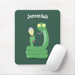 Funny green snake with maraca cartoon mouse pad