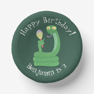 Funny green snake with maraca cartoon paper plate