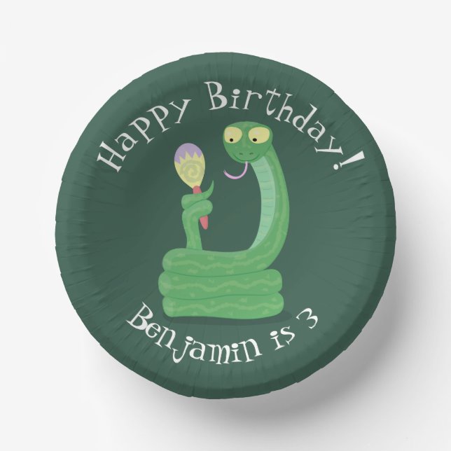 Funny green snake with maraca cartoon paper plate (Front)