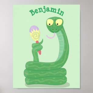 Funny green snake with maraca cartoon poster
