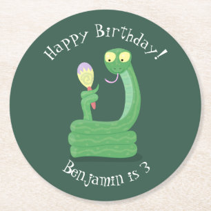 Funny green snake with maraca cartoon round paper coaster
