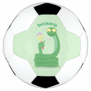 Funny green snake with maraca cartoon soccer ball