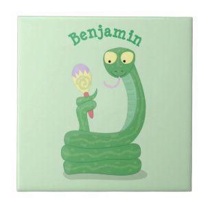 Funny green snake with maraca cartoon tile