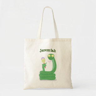 Funny green snake with maraca cartoon tote bag