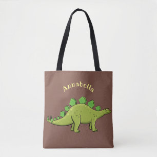 Funny green stegosaurus dinosaur cartoon tote bag