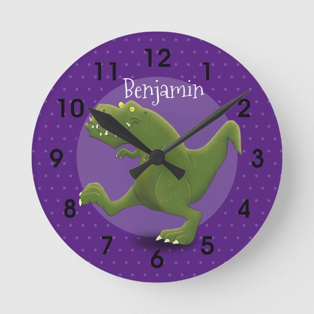 Funny green t rex dinosaur cartoon illustration round clock (Front)