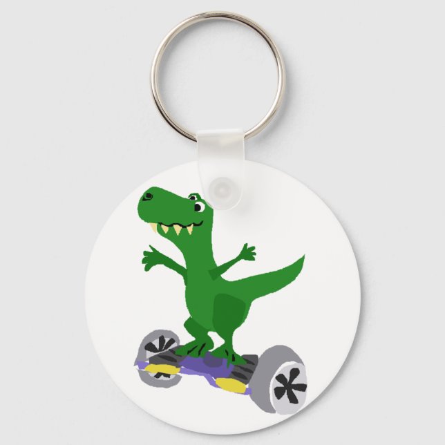 Funny Green T-Rex Dinosaur on Motorised Skateboard Key Ring (Front)