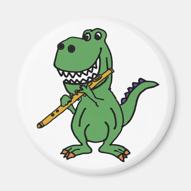 Funny Green T-rex Dinosaur Playing Flute Magnet (Front)