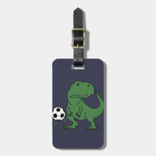 Funny Green T-rex Dinosaur Playing Soccer Luggage Tag