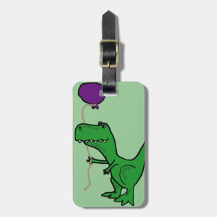 Funny Green Trex Dinosaur Holding Balloon Luggage Tag