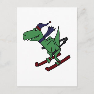 Funny Green Trex Dinosaur Skiing Postcard