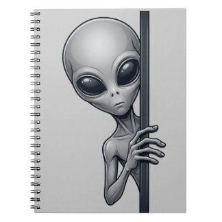 Funny Grey Alien Peeking UFO Space Design Notebook