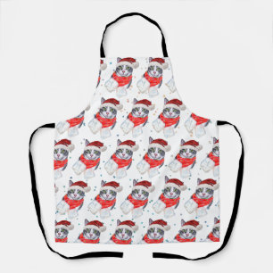 Funny Grey and White Tabby Cat Christmas Apron