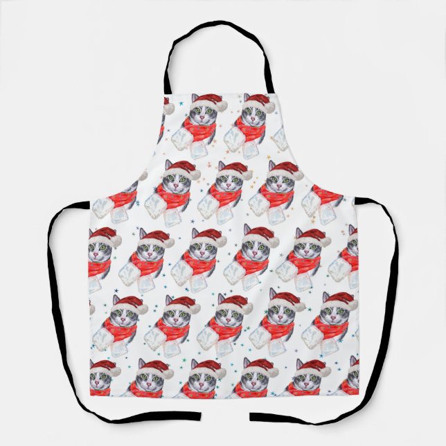 Funny Grey and White Tabby Cat Christmas Apron (Front)
