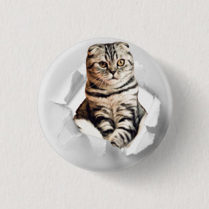 Funny Grey Cat Popping thru Torn Paper Illusion 3 Cm Round Badge